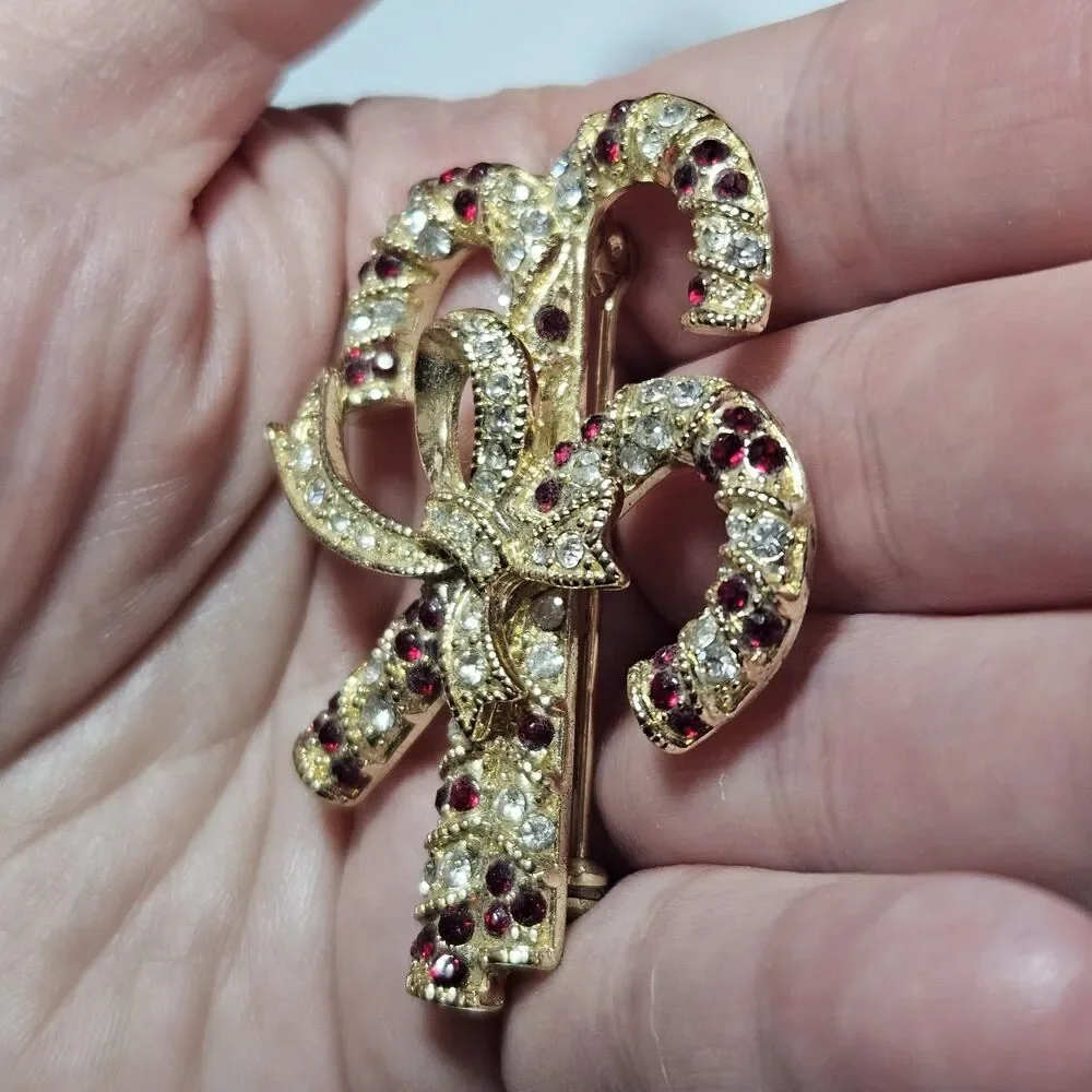 **Final Sale** Monet Christmas Candy Cane Bow Red Clear Gold Tone Brooch